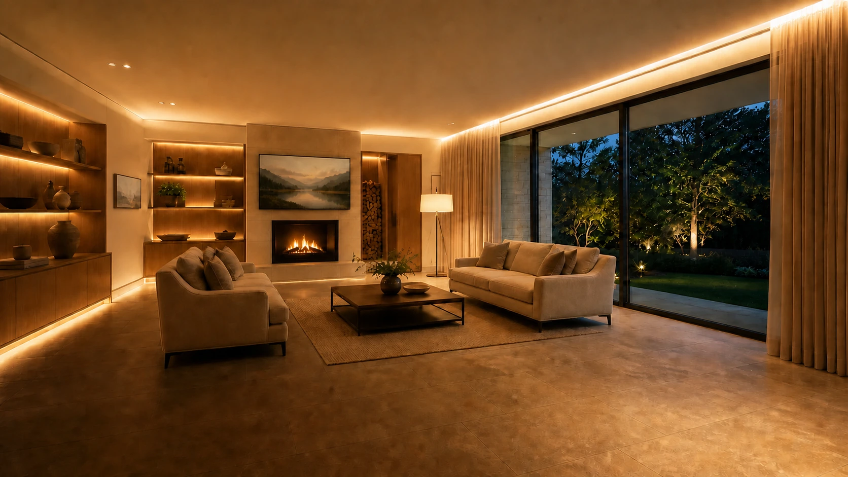 Nice home-control touchscreen beside an integrated contemporary living room
