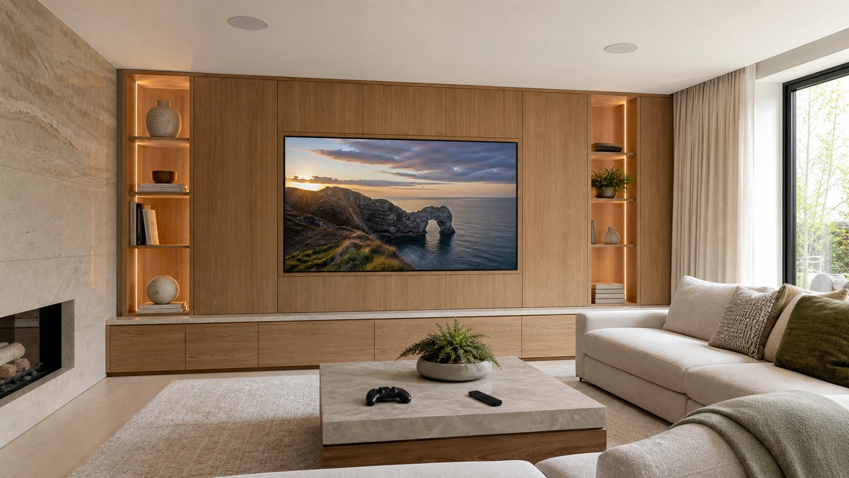 Bright media room with wall-integrated television, gaming controller, smart remote and in-ceiling speakers