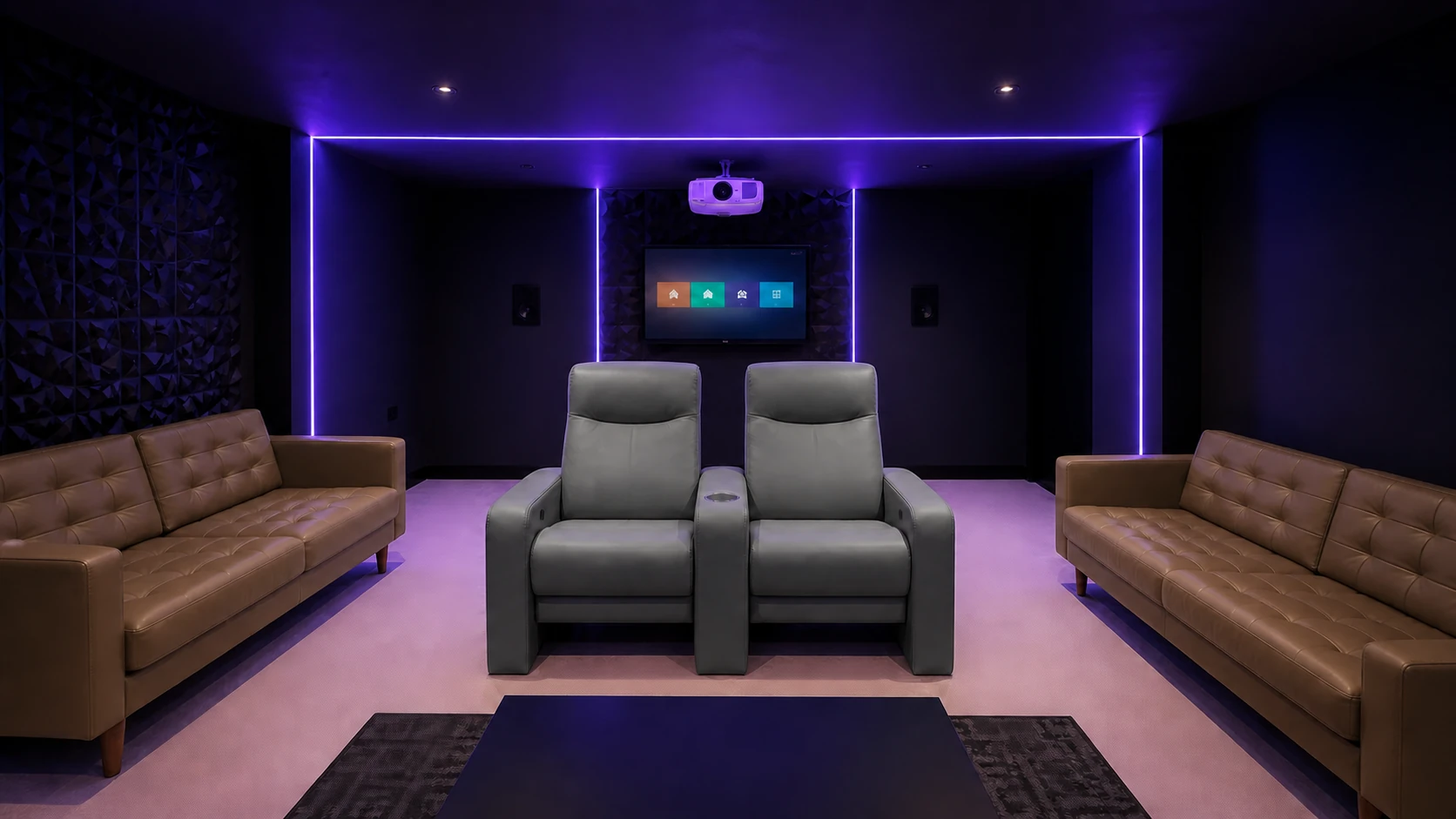 South Devon Audio Visual demonstration room showing cinema seating, projection and architectural RGBW lighting