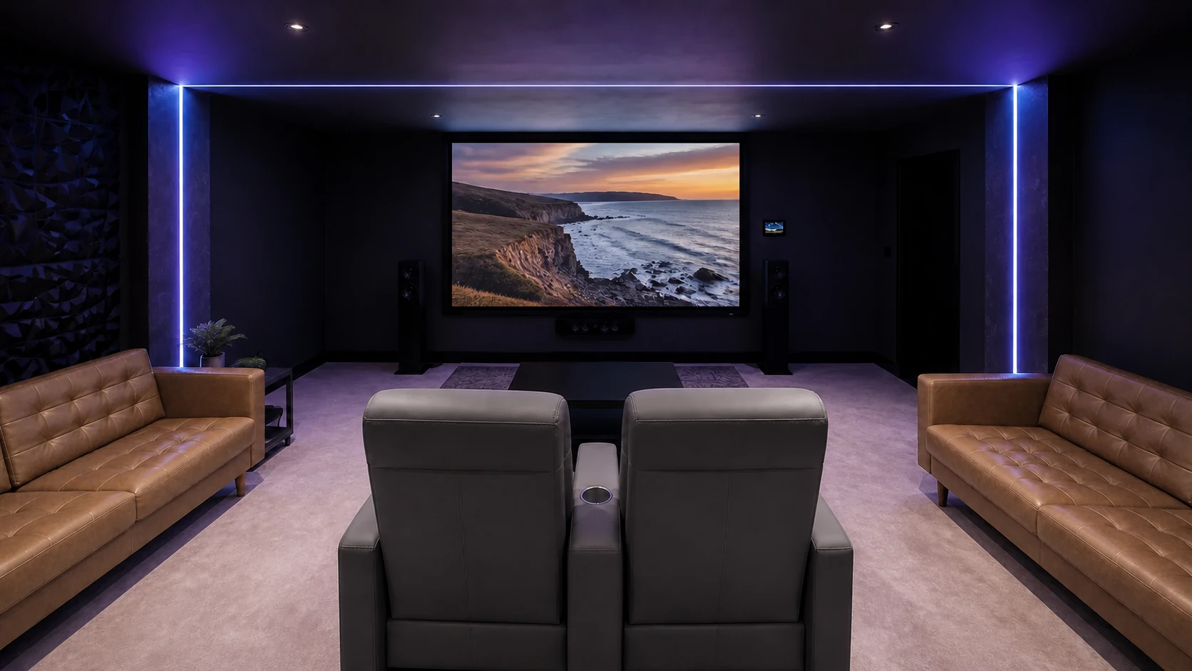 South Devon Audio Visual demonstration room with projection screen, surround sound and integrated lighting