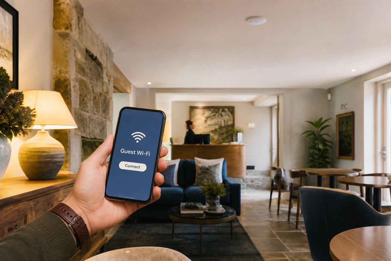 Hotel guest connecting to a branded guest Wi-Fi service beneath a discreet ceiling access point