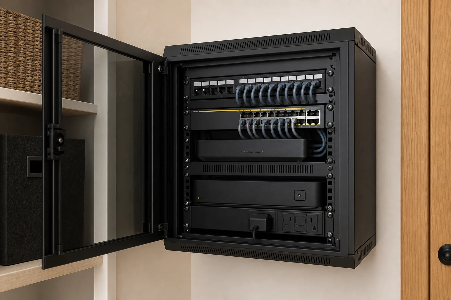 Compact professionally organised residential data cabinet