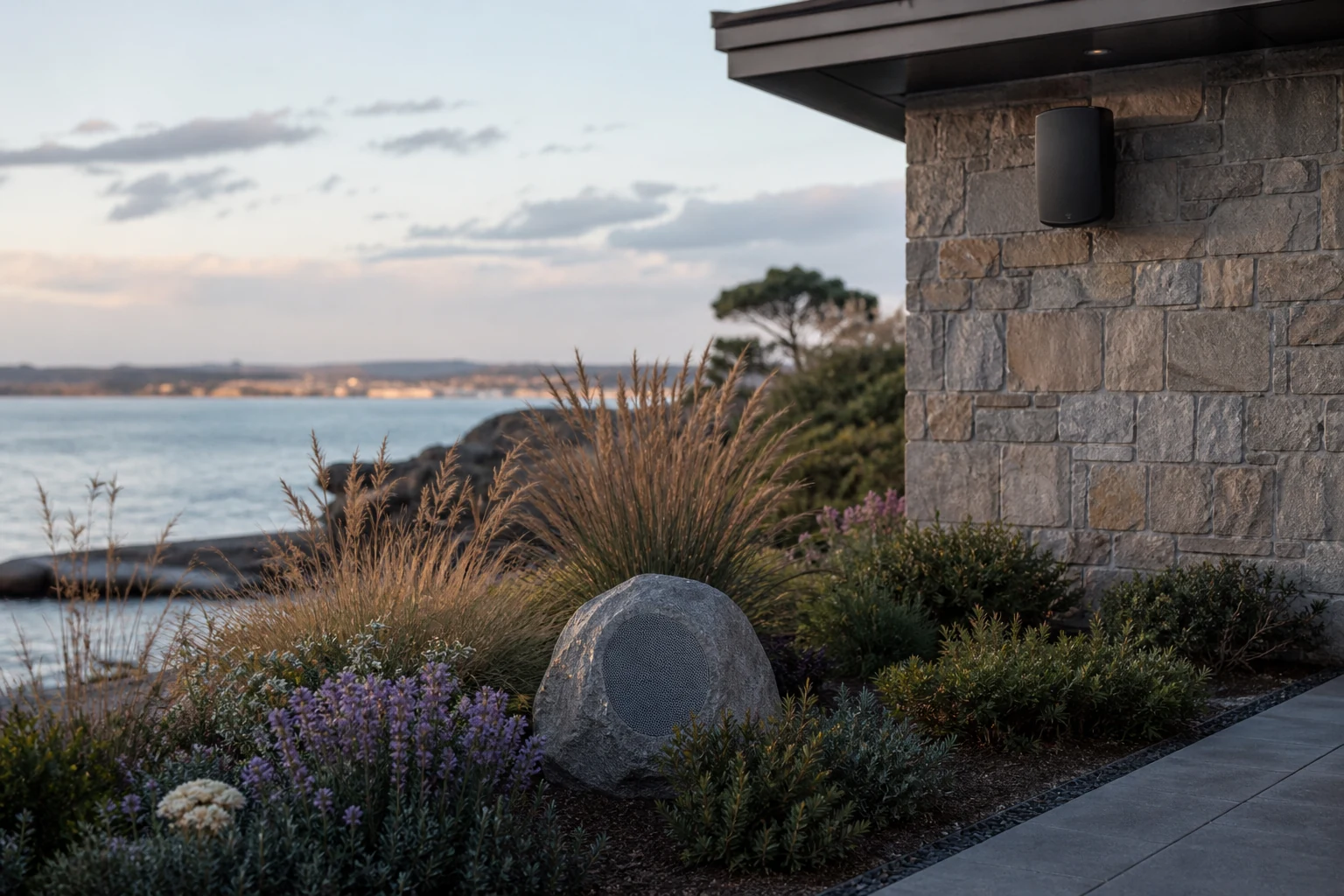 Discreet natural rock-style landscape speaker and weatherproof on-wall speaker in a coastal garden