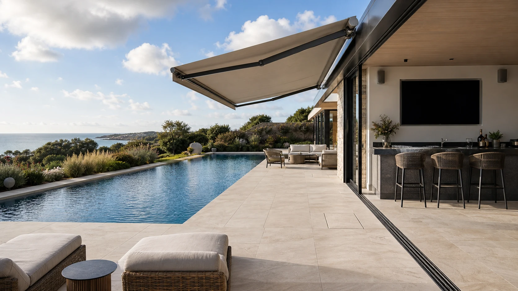 Daytime pool terrace with outdoor bar, audio, lighting and television