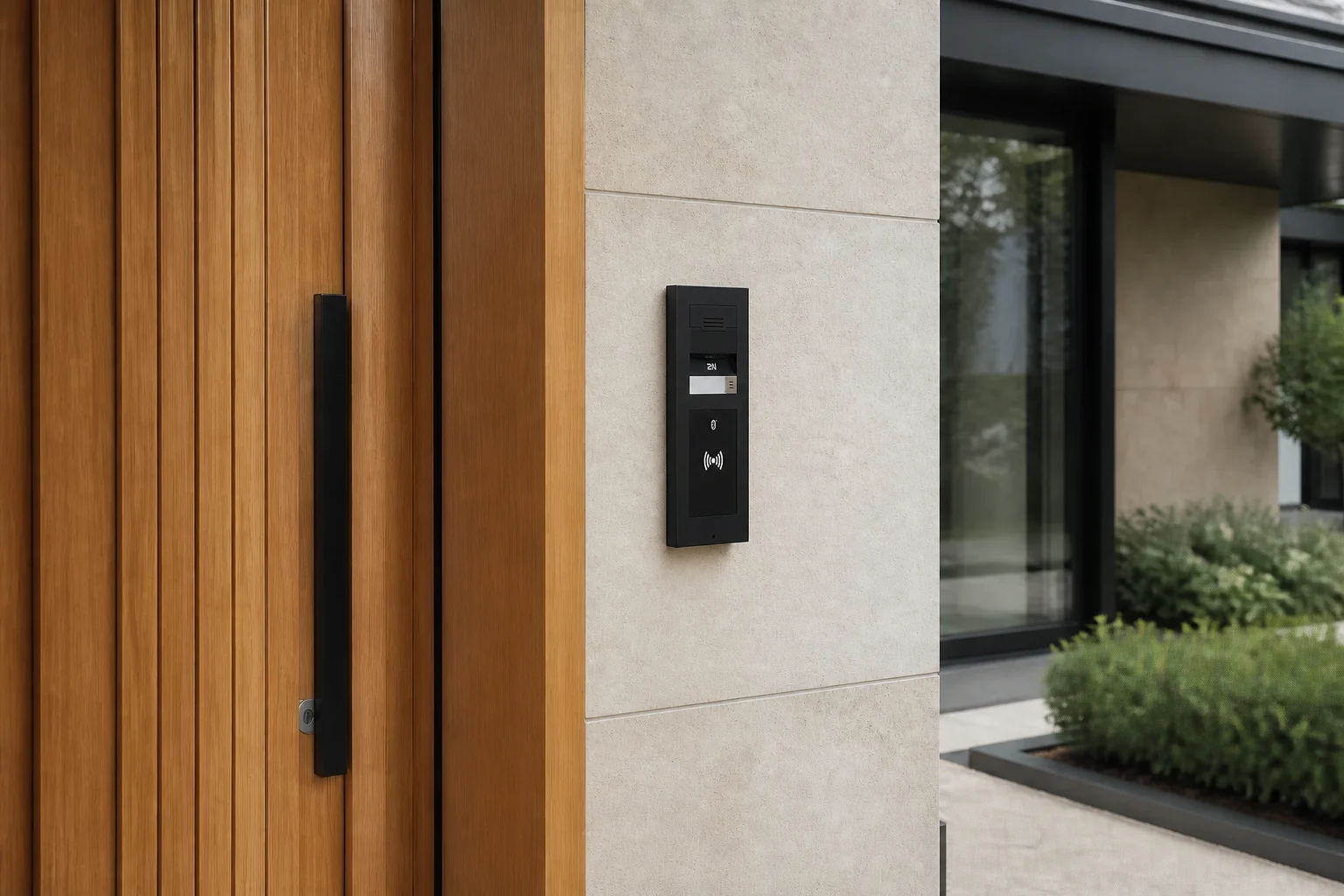 Slim video door-entry panel neatly integrated beside a modern timber entrance door
