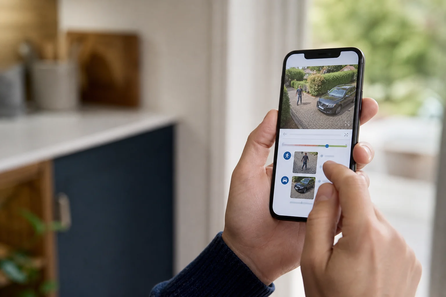 Homeowner reviewing person and vehicle CCTV events using a smartphone