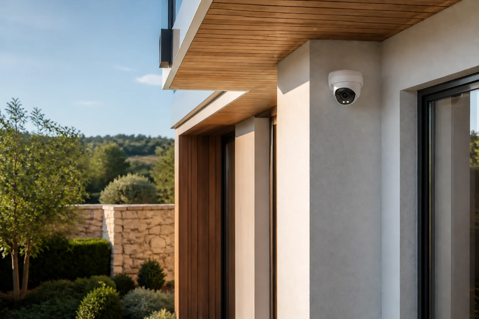 Discreet professional turret CCTV camera installed on a contemporary property
