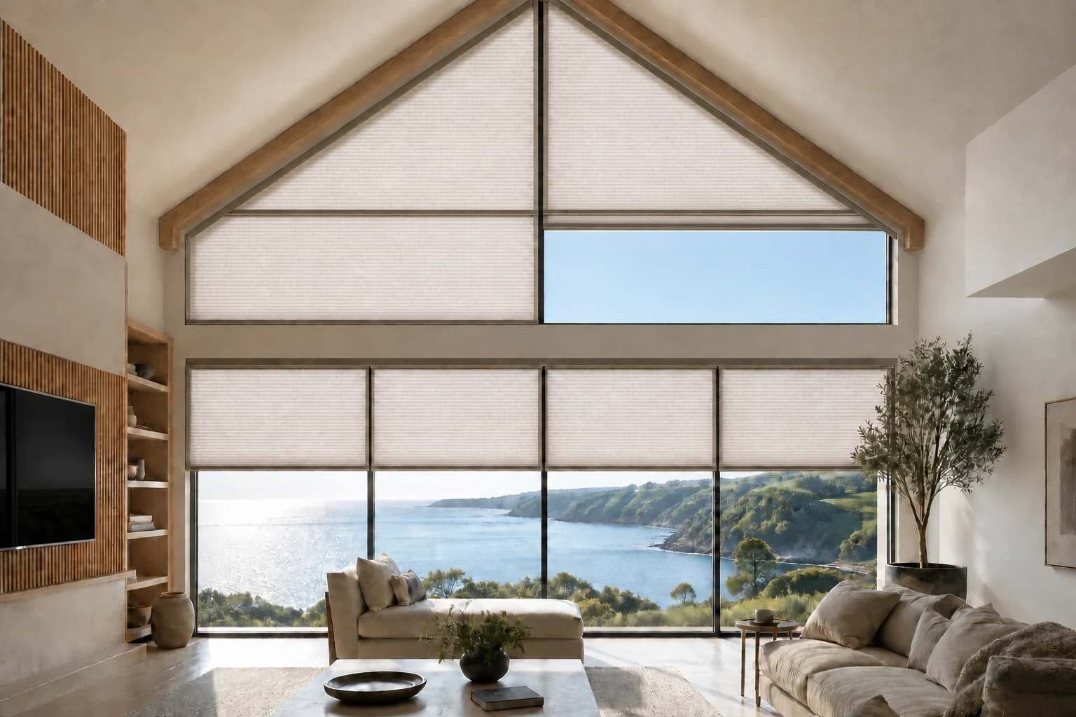 Bespoke pleated blinds fitted to a large triangular gable window overlooking the sea