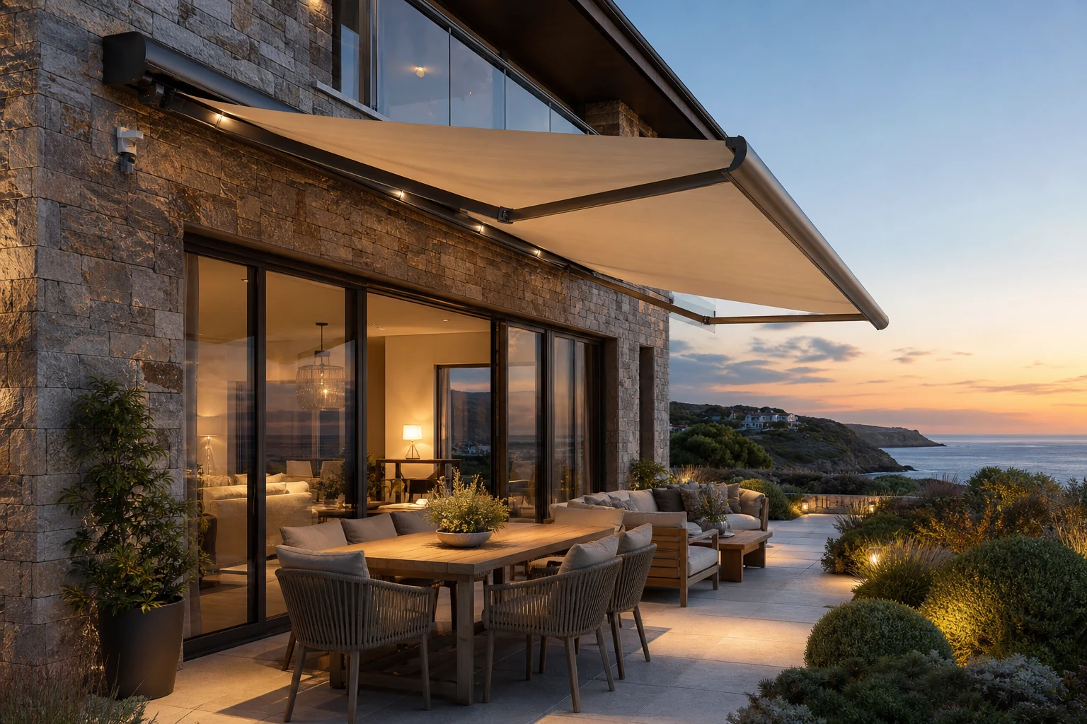 Contemporary retractable house awning on a South Devon coastal terrace