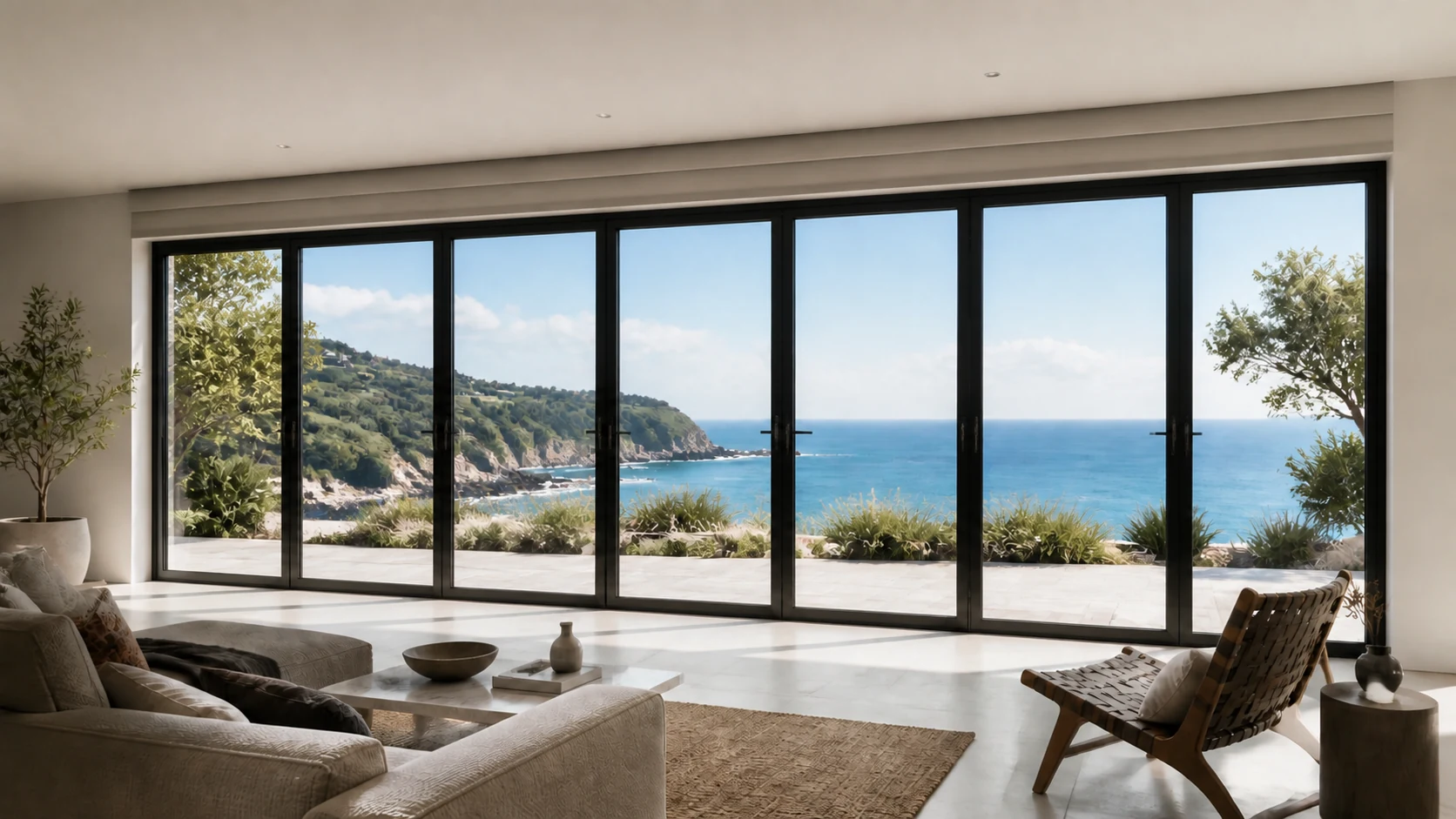 Sea-view living room with sheer blind open