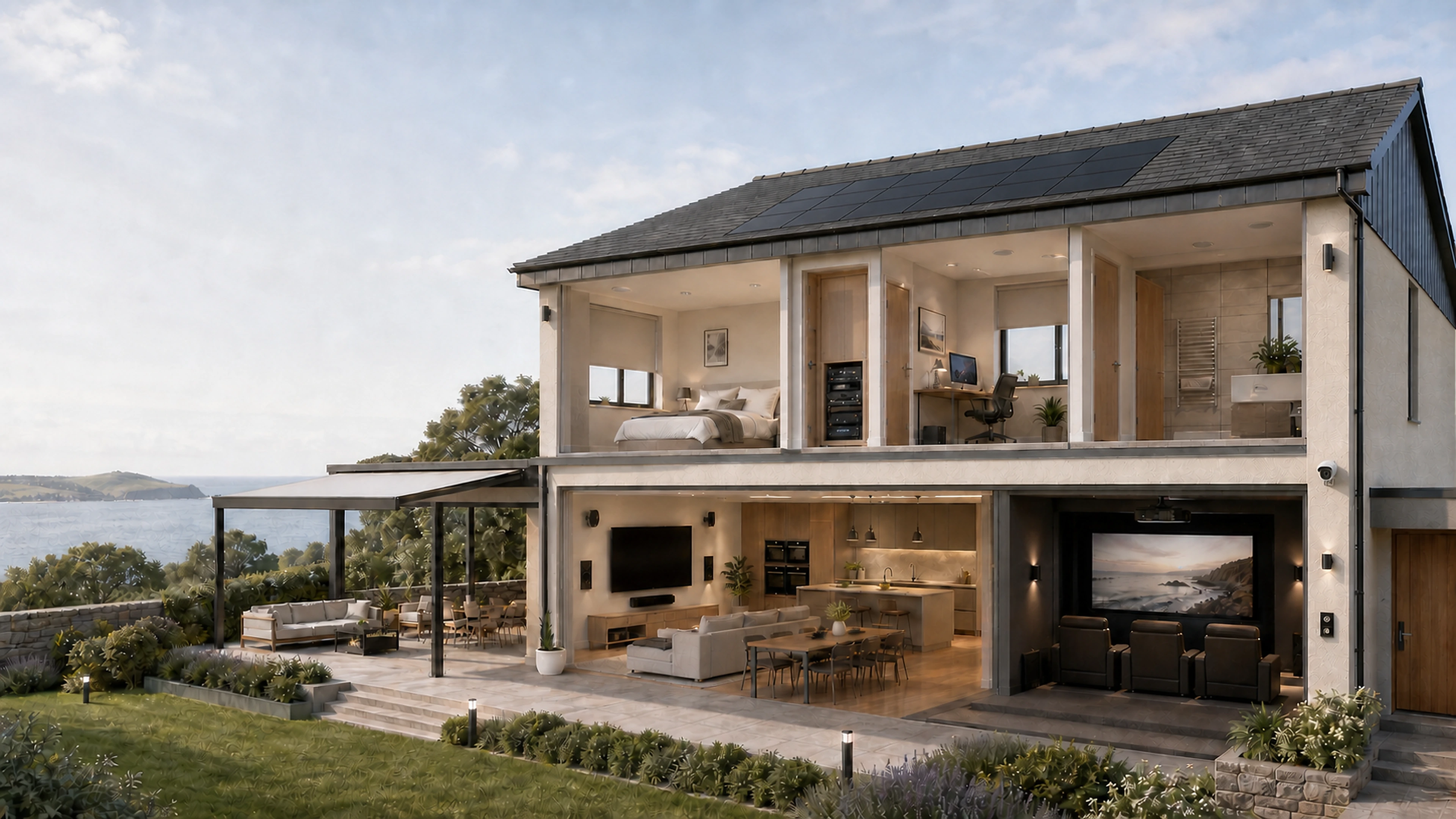 Contemporary South Devon home illustrating integrated AV, security, networking, lighting and shading